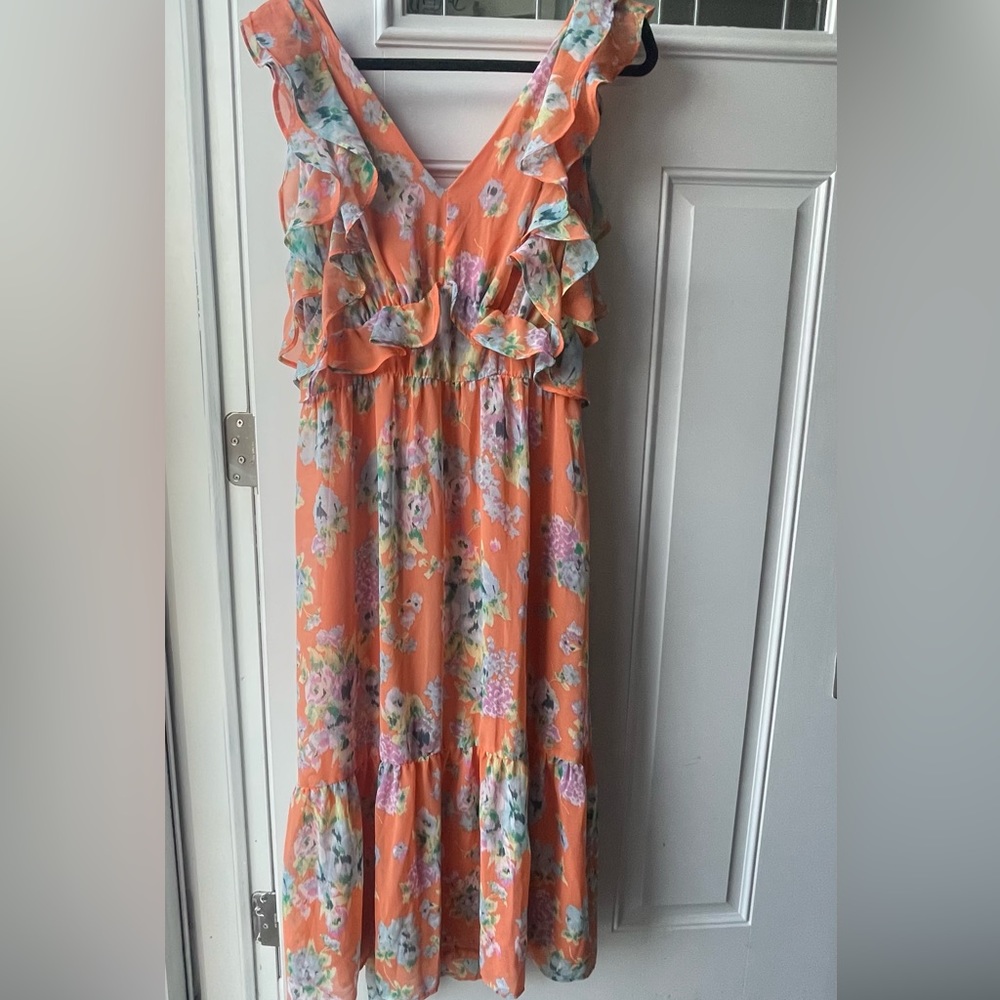 LAUREN CONRAD ORANGE FLORAL MID LENGTH RUFFLE DRESS